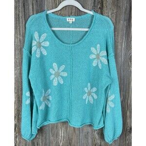 POL Daisy Flower Drop Shoulder Knit Top S Green Oversized Boho‎ Beachy Coastal